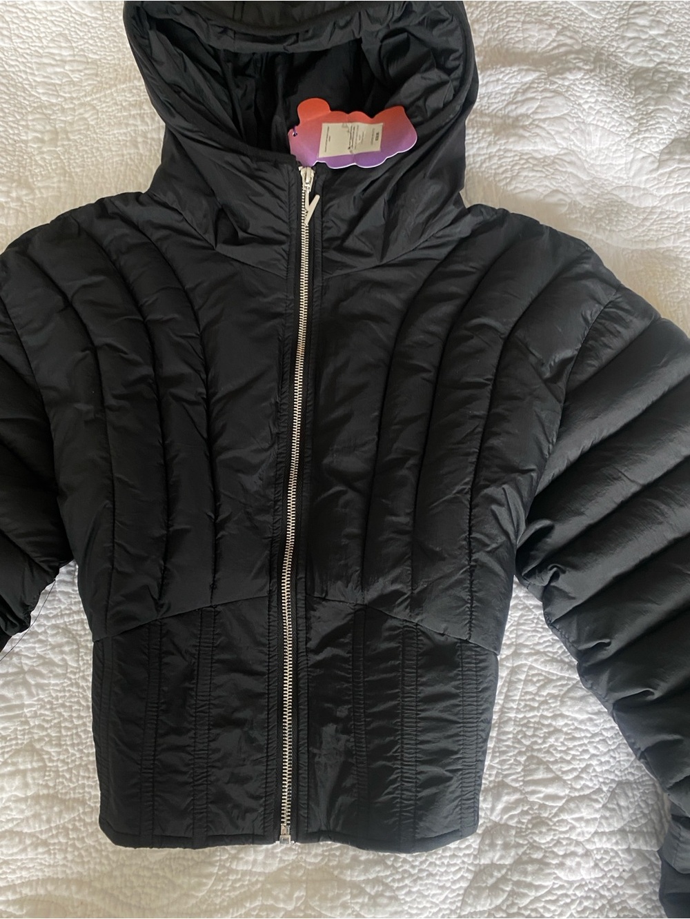 Retro Wide Lantern Sleeve Cropped Puffer Jacket NWT Hooded Black Women’s Size M - Picture 5 of 6